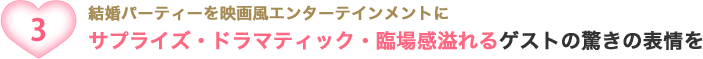 結婚パーティーを映画風エンターテインメントに サプライズ・ドラマティック・臨場感溢れるゲストの驚きの表情を